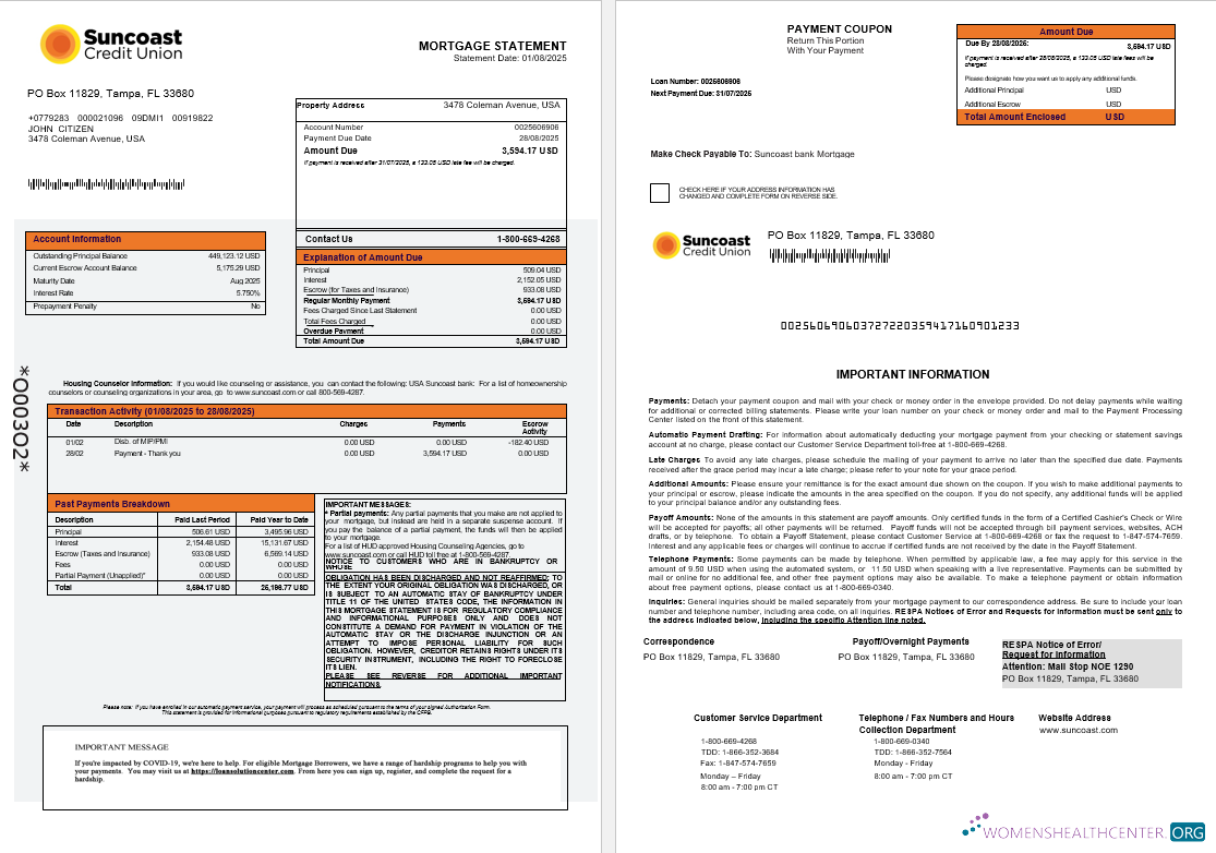 Download USA Suncoast bank mortgage statement in Word and PDF formats 1 2 Photoshop template